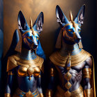 Ornate Anubis statues with gold and blue Egyptian detailing on dark background