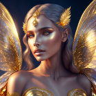 Golden-winged woman with floral hair: Digital art portrait