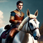 Regal man in blue and gold uniform on white horse in digital art