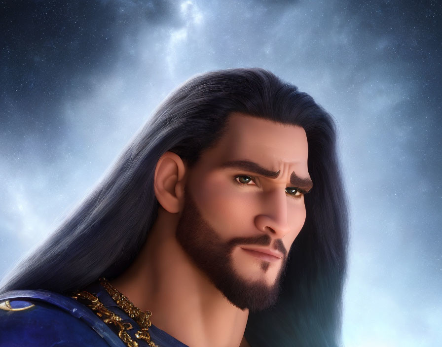 Long-haired animated male character in blue and gold outfit under starry night sky