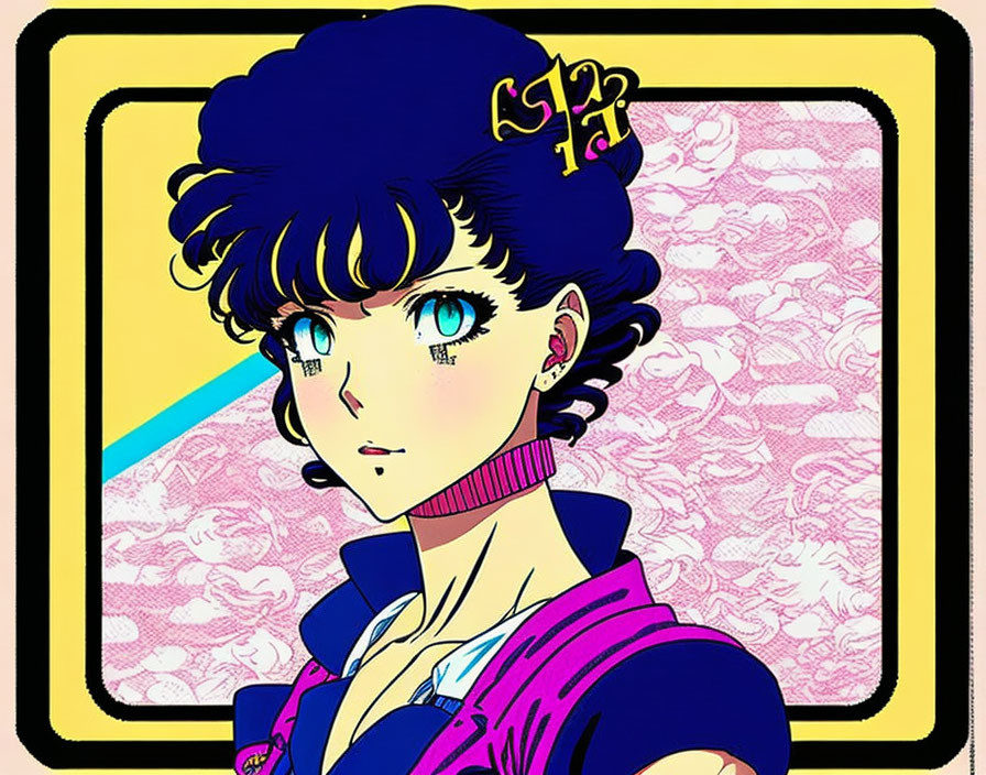 Anime girl with blue eyes and dark blue hair on pink patterned background in yellow frame