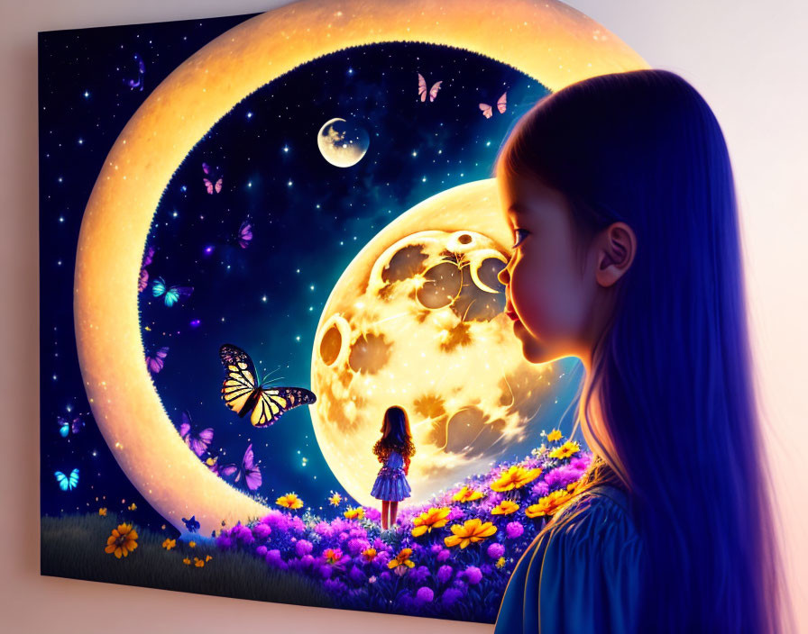 Girl admires vibrant painting with moons, starry sky, butterfly, child, and flowers