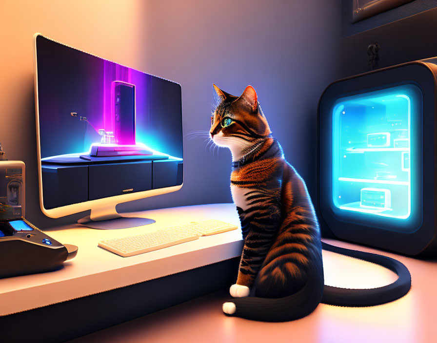 Cat sitting next to glowing neon computer monitor in dark room