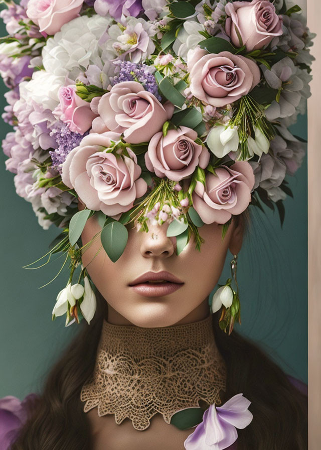 Woman with Floral Headdress and Lace Choker Portrait