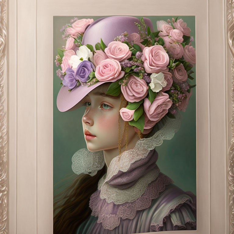 Portrait of girl with green eyes in purple hat with pink and white roses, framed backdrop