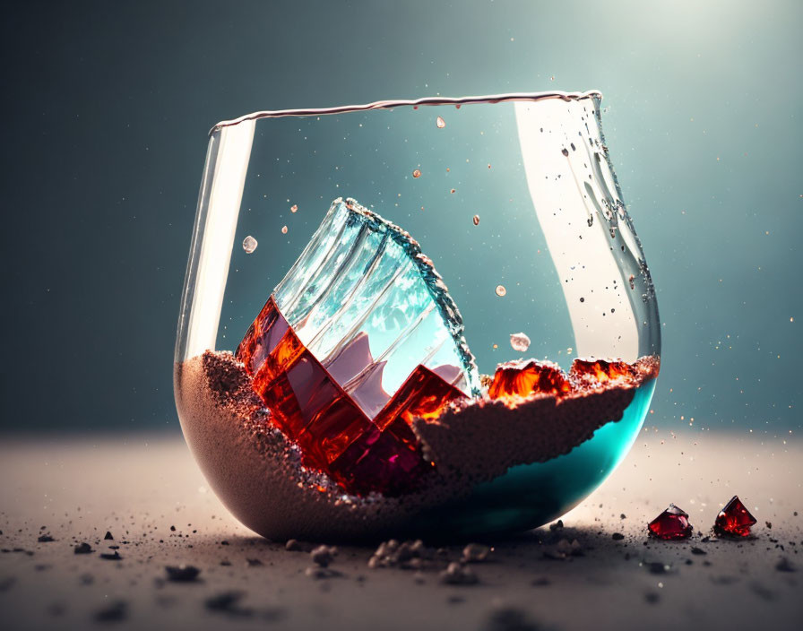 Liquid splash in tilted glass with ice cubes against dramatic backdrop and gems.