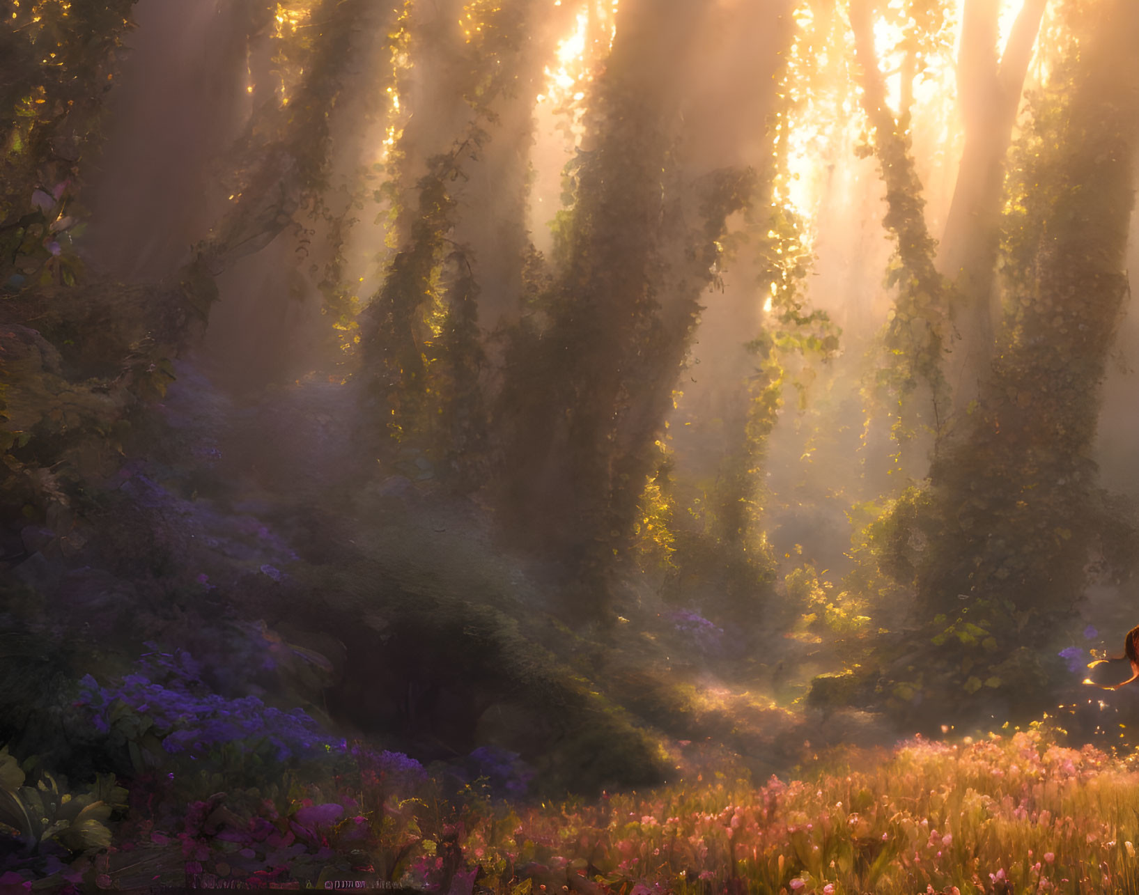 Misty forest canopy with sunlight filtering through lush wildflowers