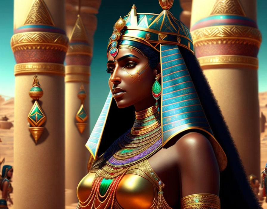 Digital artwork of woman as ancient Egyptian queen with headdress and pyramids.