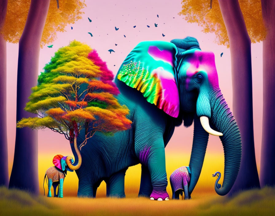 Colorful Surrealist Illustration: Three Elephants in Fantastical Forest