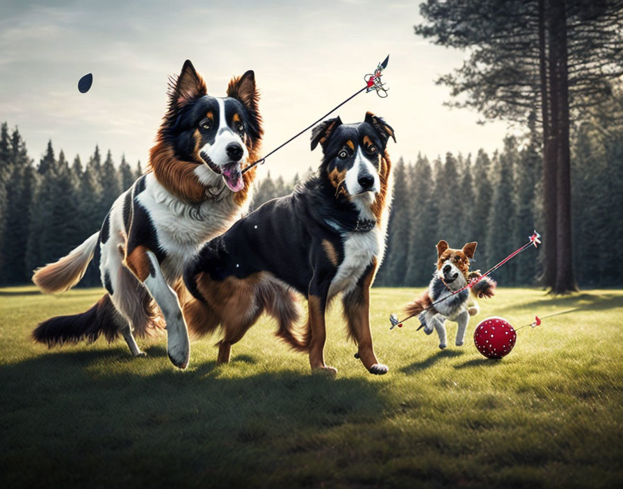 Three dogs playing with flying toys in a sunny forest clearing