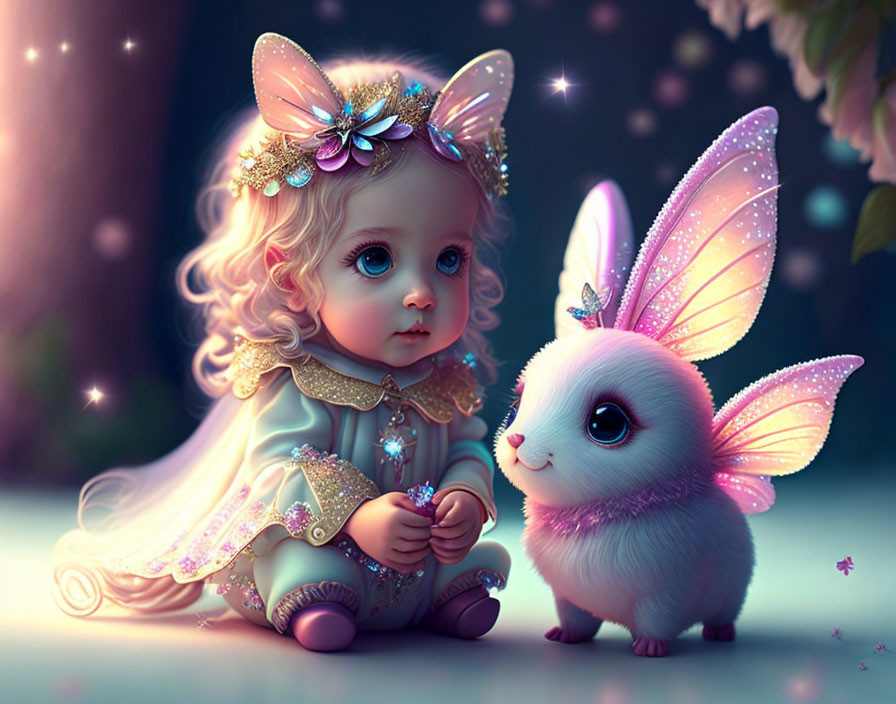 Illustration of young girl with butterfly wings and glowing bunny in magical forest