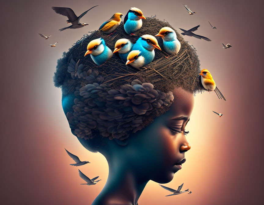 Child with Artistic Bird's Nest Hairstyle in Bird-Filled Backdrop