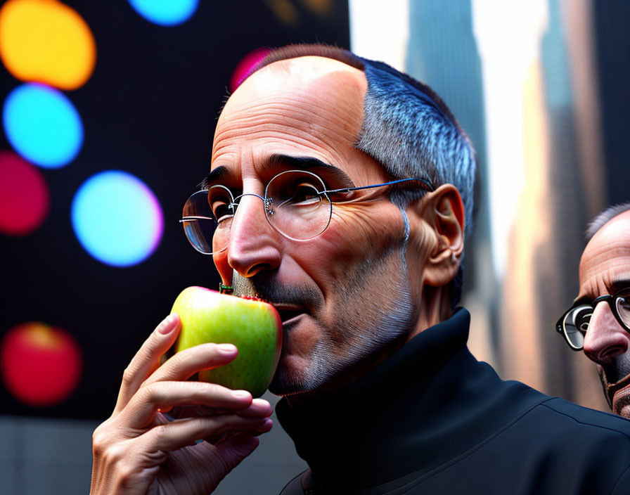 3D-rendered man in glasses, black turtleneck, biting green apple with bokeh background