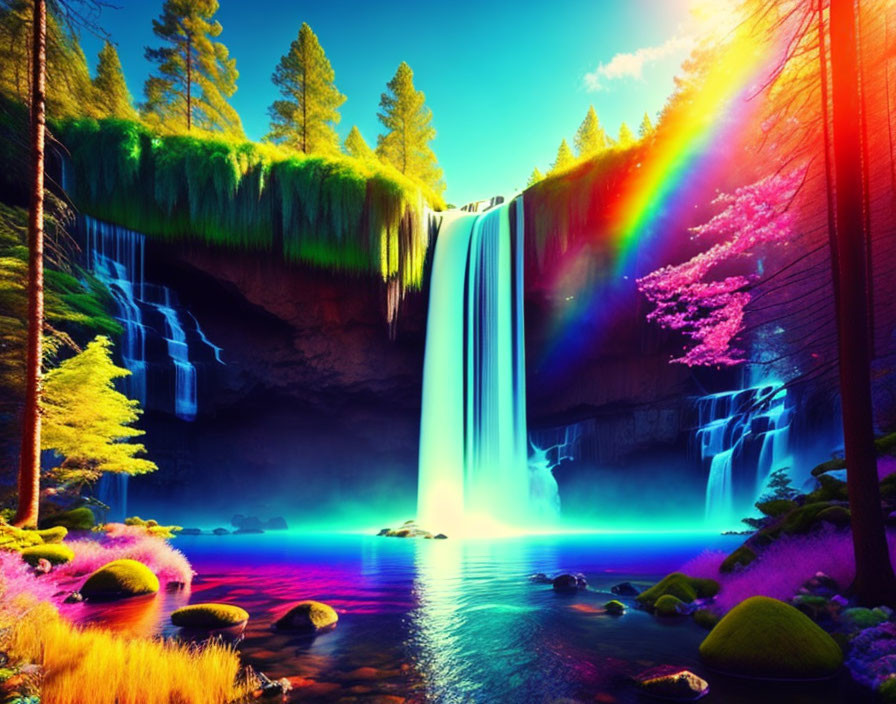 Scenic waterfall with rainbow, lush foliage, and serene pool
