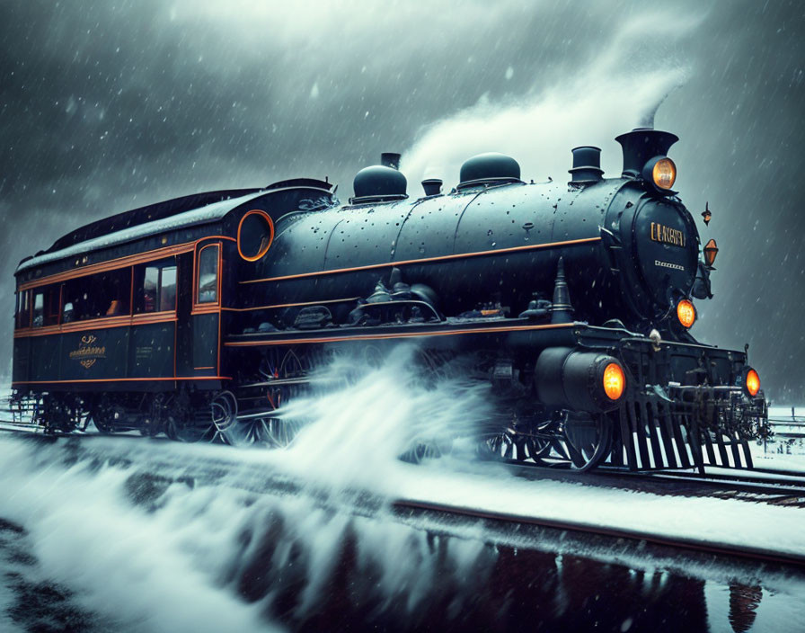 Vintage steam locomotive on snowy night rails with glowing lights