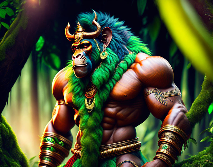 Muscular green-furred monkey with golden armlets and crown in lush jungle.