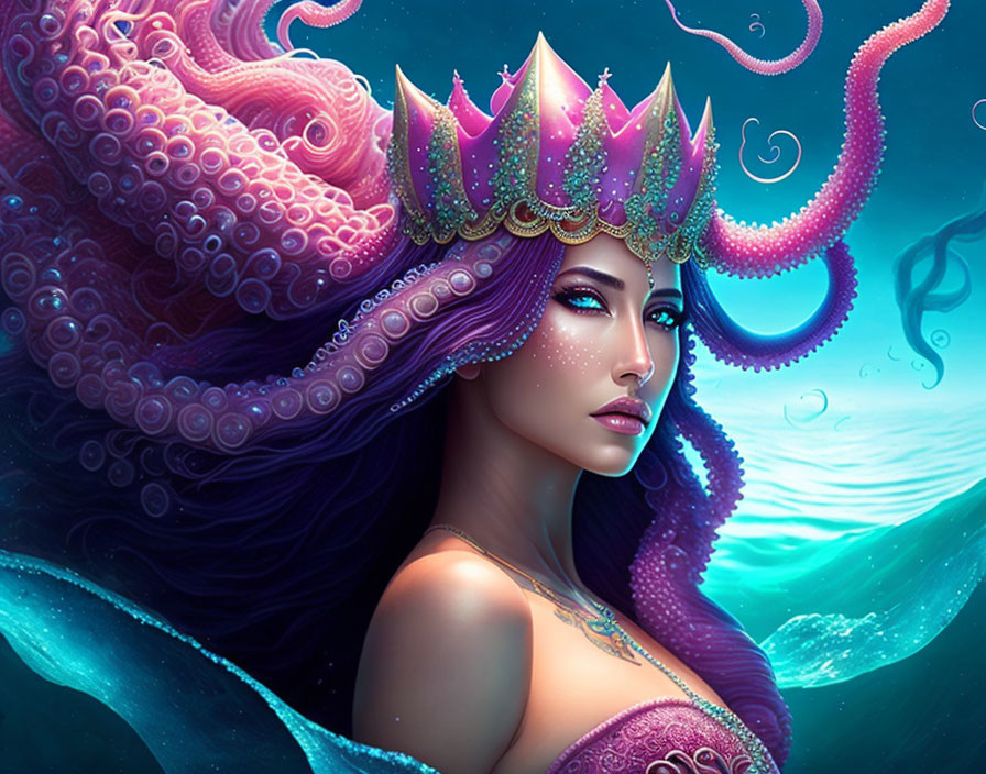 Vibrant pink octopus crown on mystical mermaid in deep blue waters