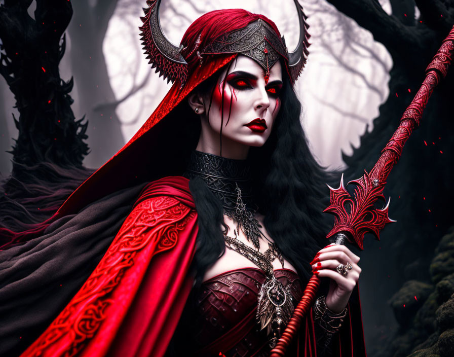 Fierce woman in red and black attire with horns and staff in mystical forest