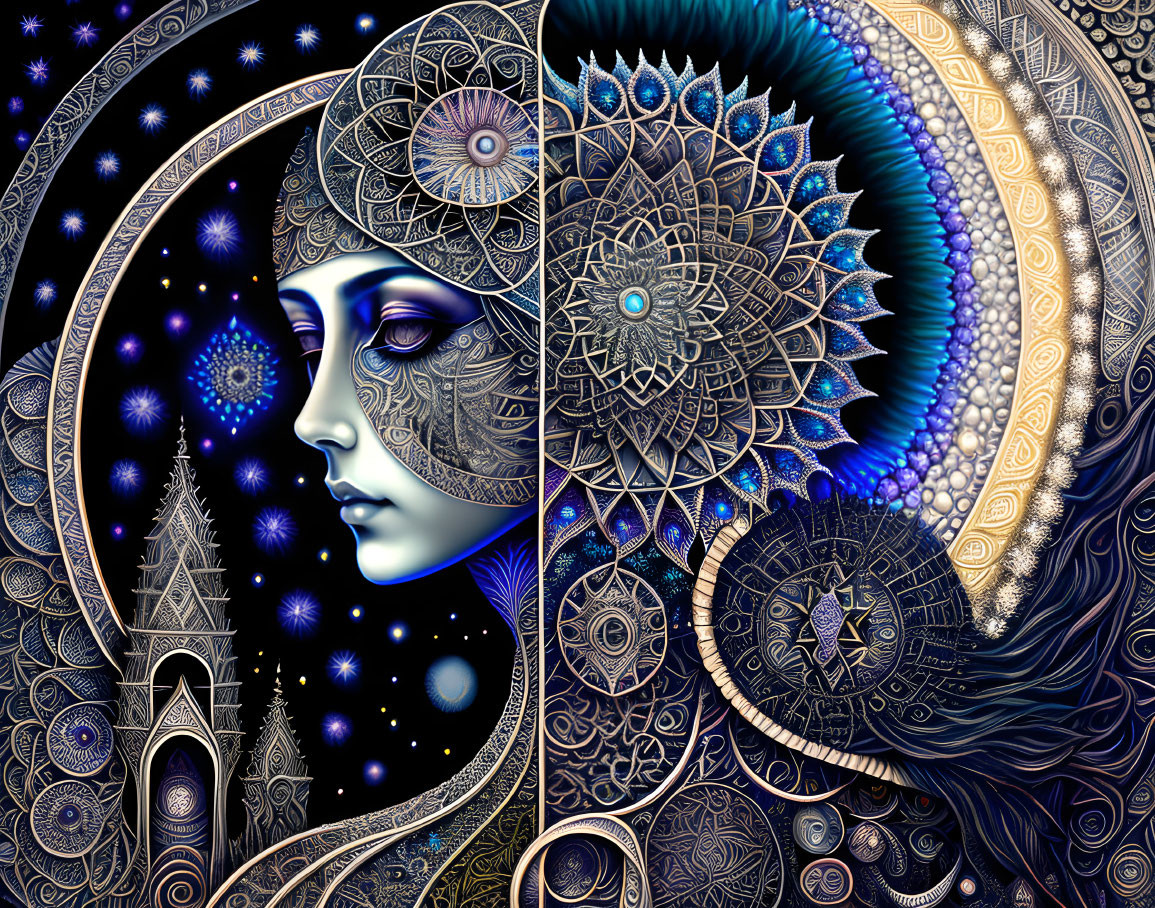 Colorful cosmic mandala artwork of a woman's profile blending starry skies and architecture