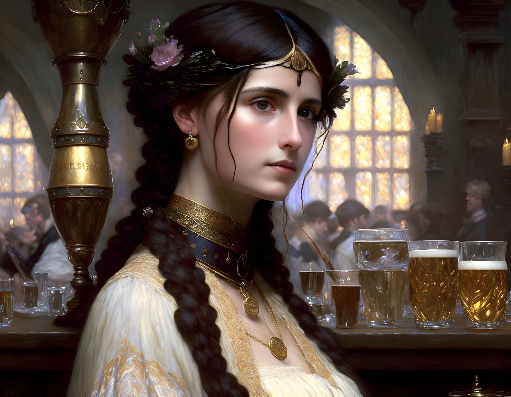 Medieval scene: regal woman with braided hair in a hall with ale-drinking people