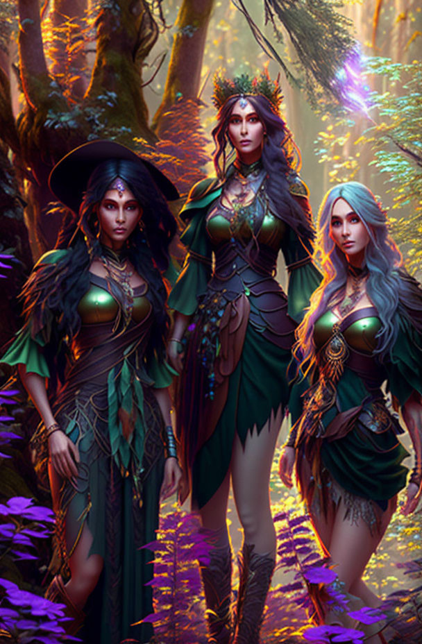 Fantasy Female Characters in Elaborate Armor in Mystical Forest