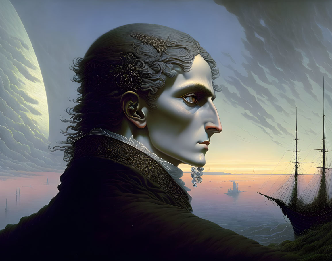 Man with intricate patterns overlooking seascape with ships and bridge at twilight