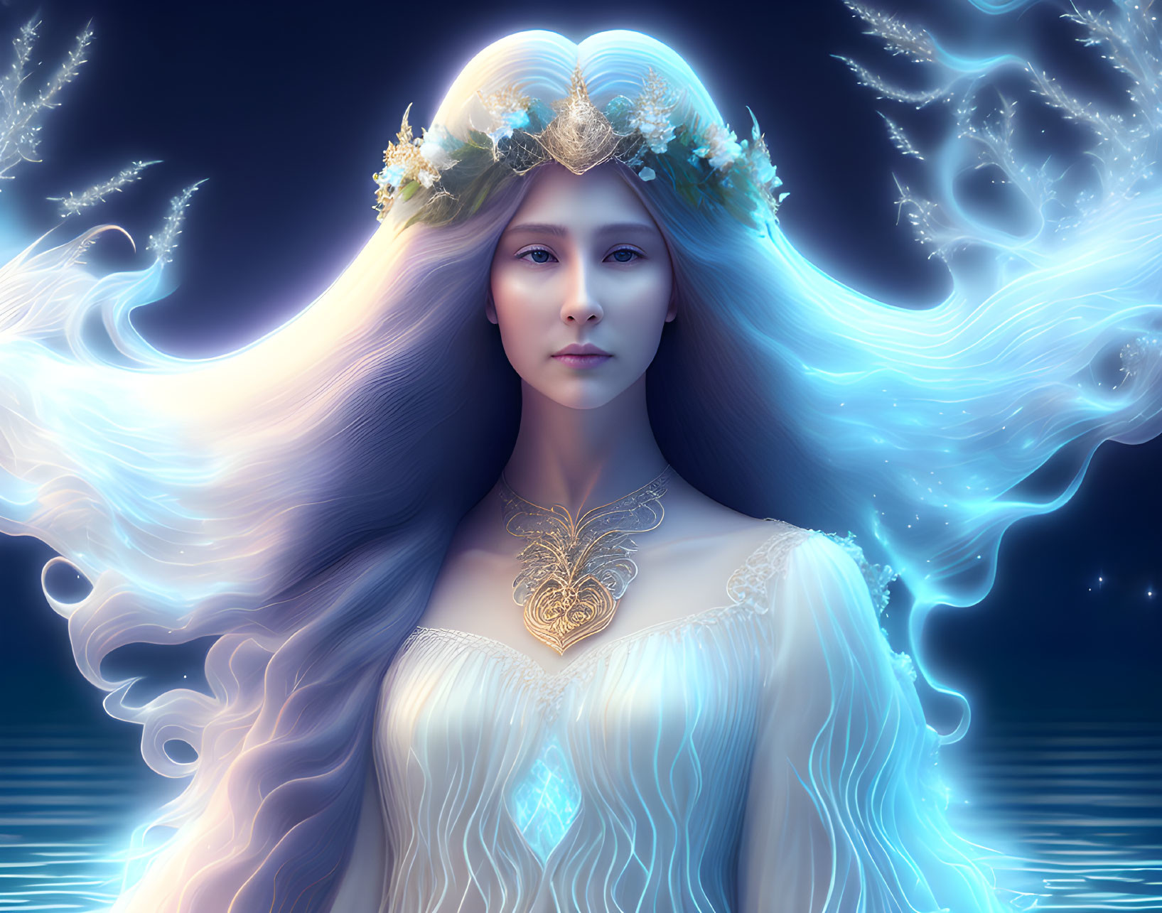 Ethereal woman portrait with flowing hair, floral crown, and glowing necklace on starlit backdrop