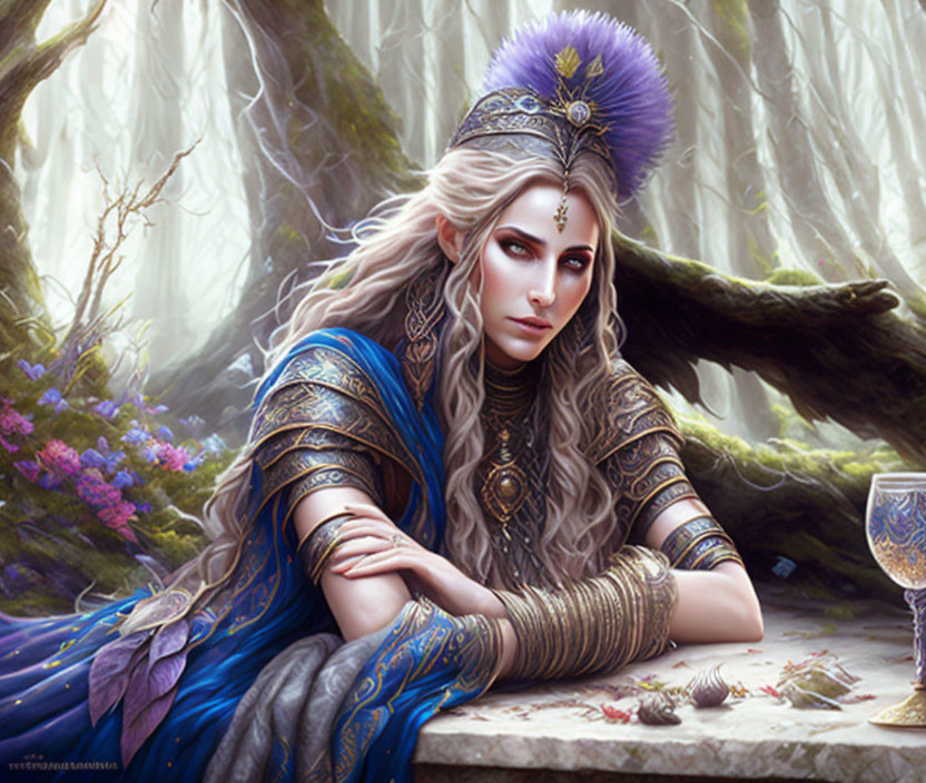 Ethereal woman adorned in silver and gold jewelry in enchanted forest