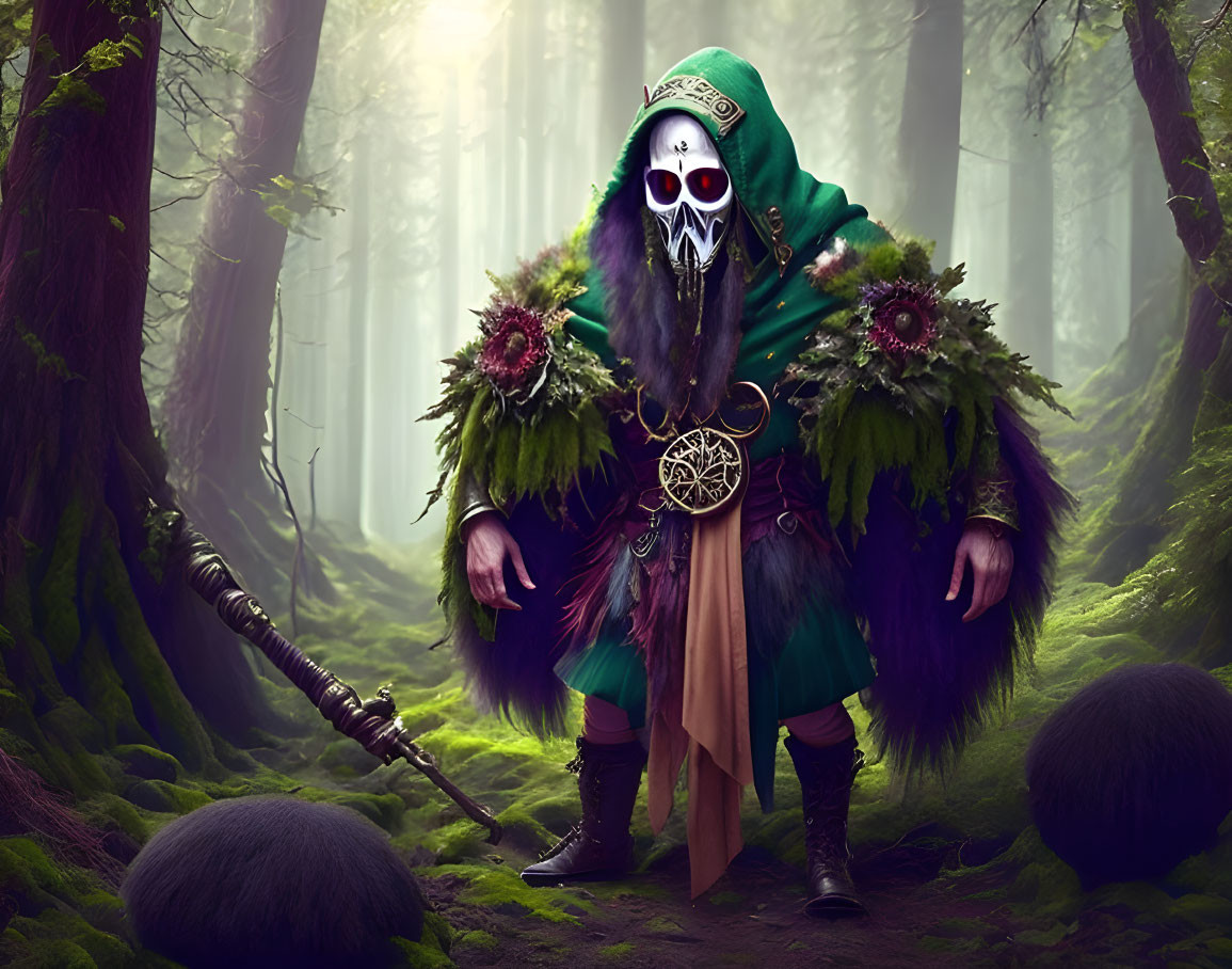 Mystical figure in green cloak and skull mask in foggy forest