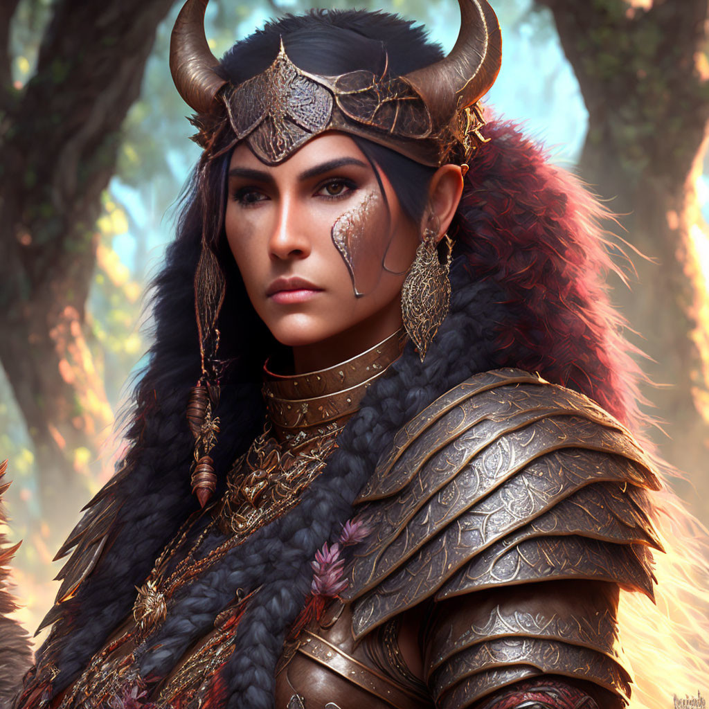 Fantasy female warrior digital portrait with horned helmet, scale armor, fur cloak in forest.