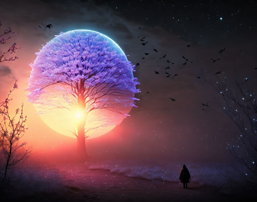 Person in mystical landscape with luminous tree under night sky