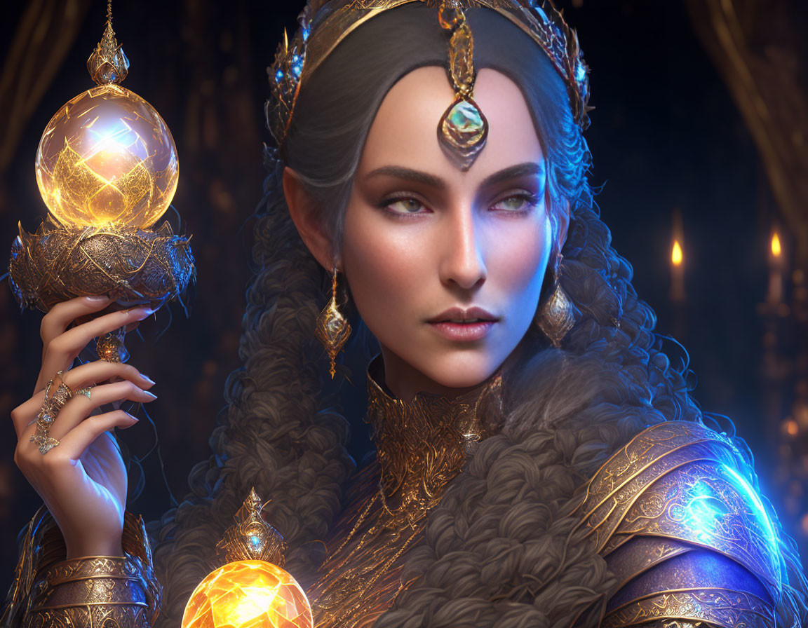 Regal woman in jeweled crown and armor with glowing orb in opulent setting