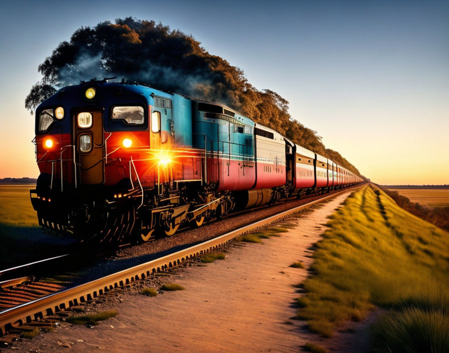 Classic blue passenger train travels on tracks at sunset