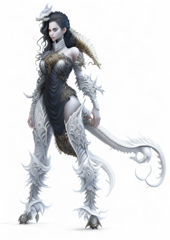 Fantasy illustration of a woman in silver dragon armor with a sword