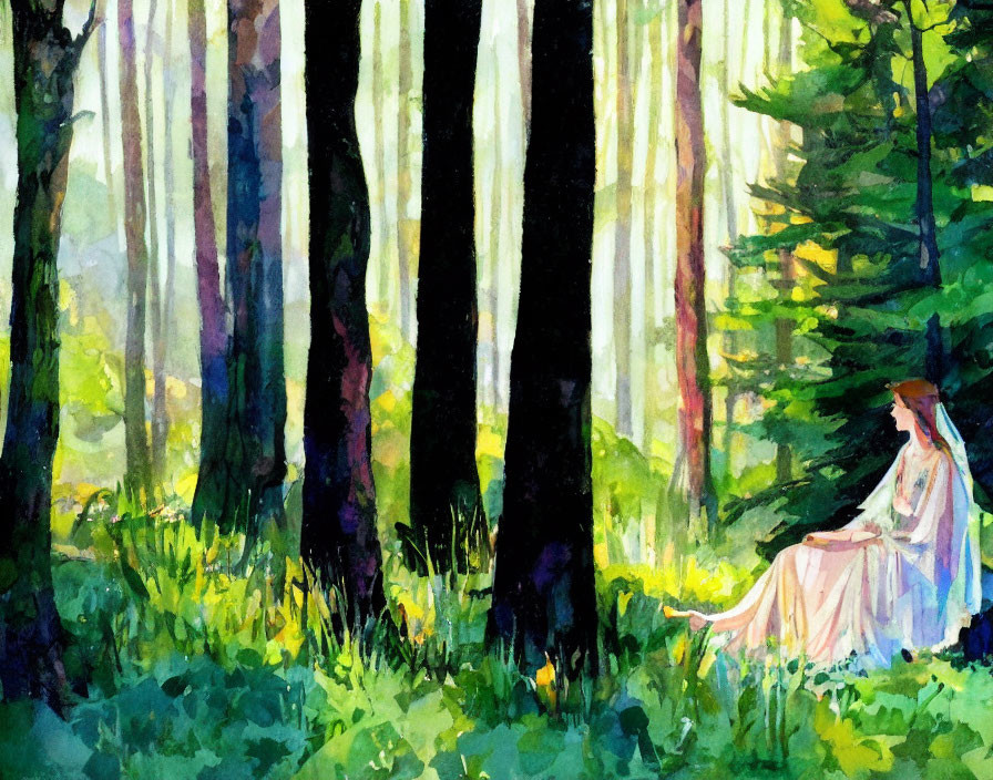 Tranquil forest scene with woman in dress among trees