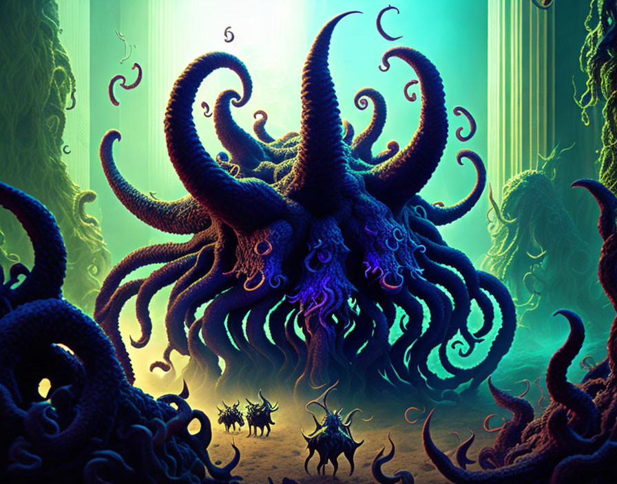 Underwater scene with central octopus surrounded by smaller creatures