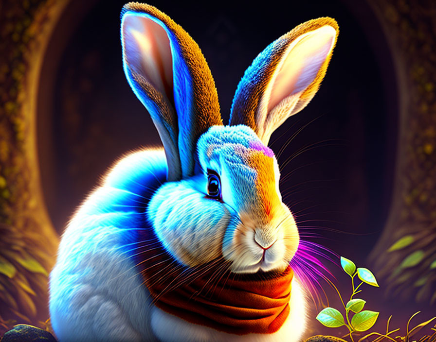 Stylized rabbit with blue stripes and scarf near sprout in digital illustration