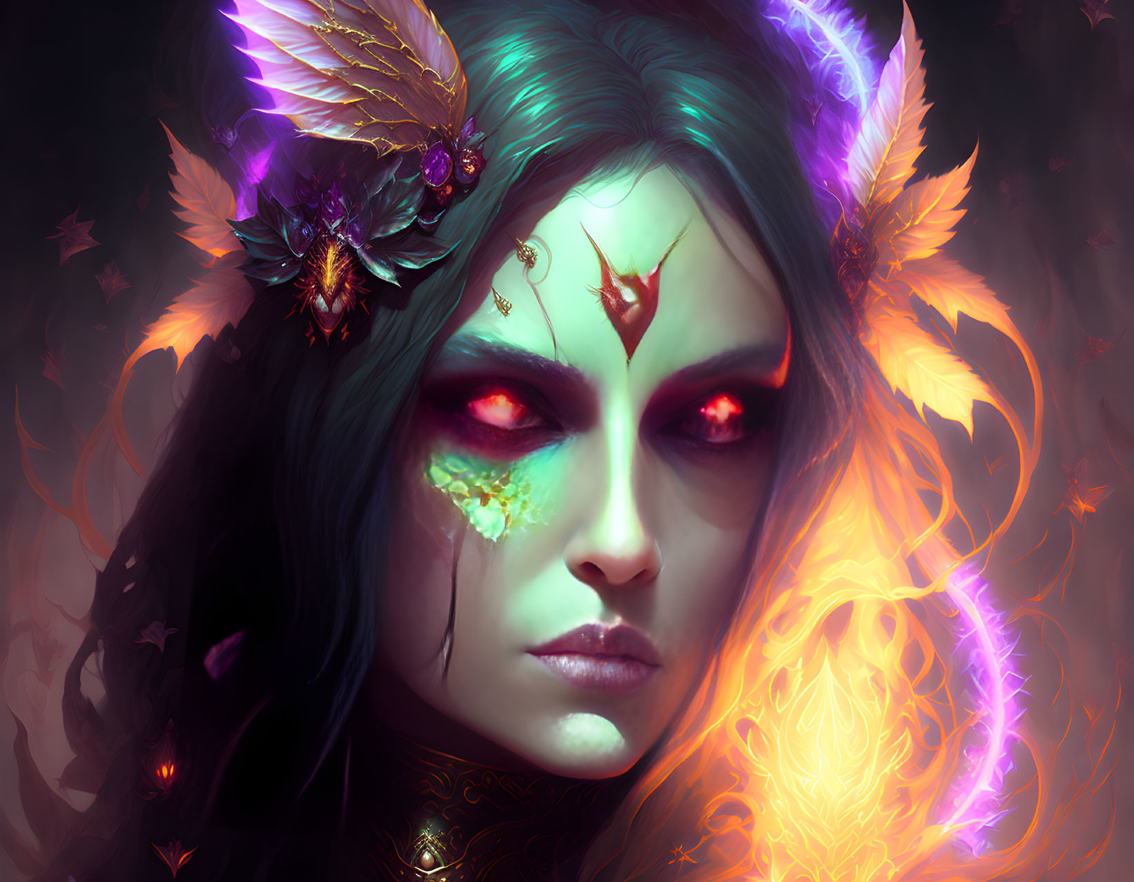 Fantasy portrait of a woman with red glowing eyes and fiery elements