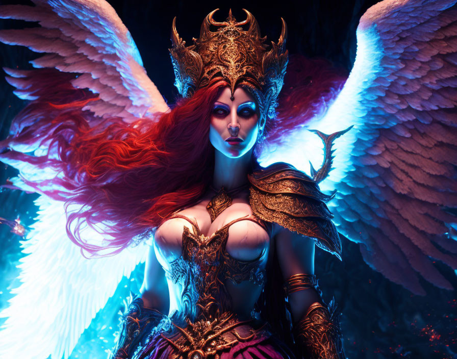 Red-Haired Figure in Gold Armor with White Wings on Dark Background