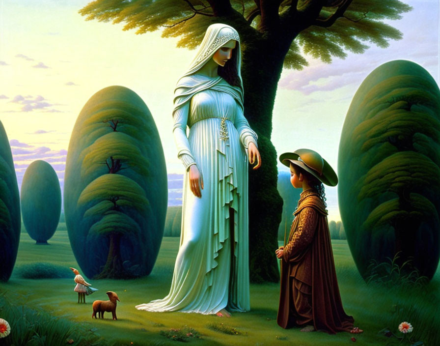 Fantasy artwork: Ethereal woman, boy, lamb, and surreal trees under calm sky