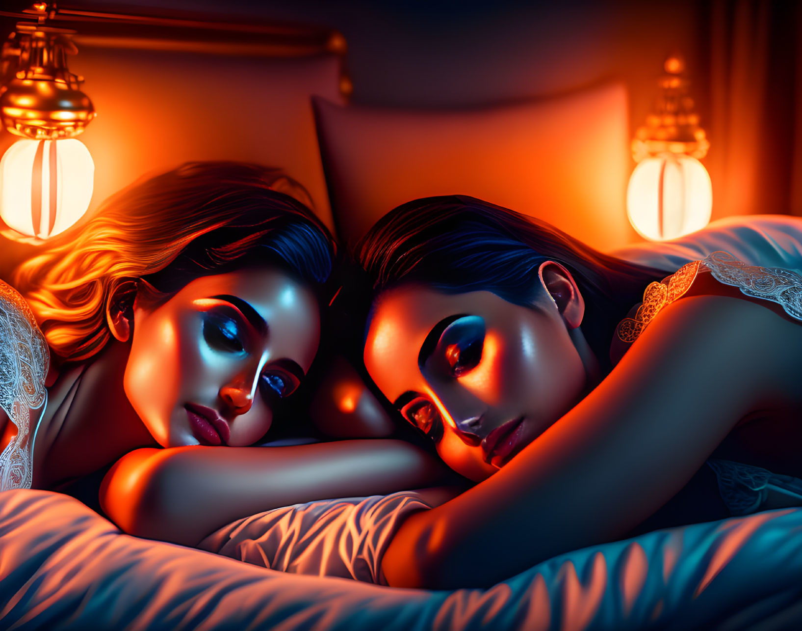 Intimate scene of two women lying in bed under warm light