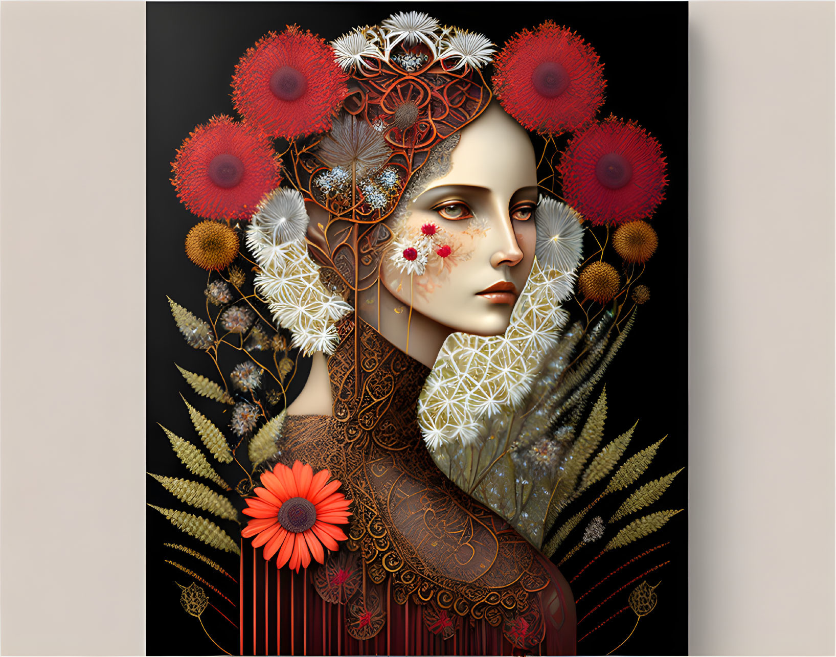 Digital artwork: Woman with red flower headdress and nature theme