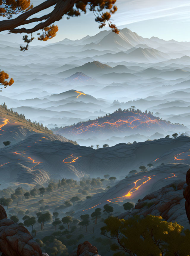 Majestic mountain landscape with glowing lava trails at dusk