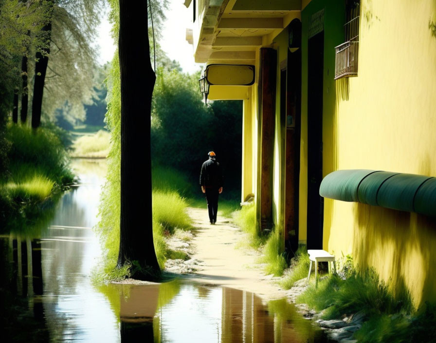 Tranquil waterway scene with yellow building and green trees