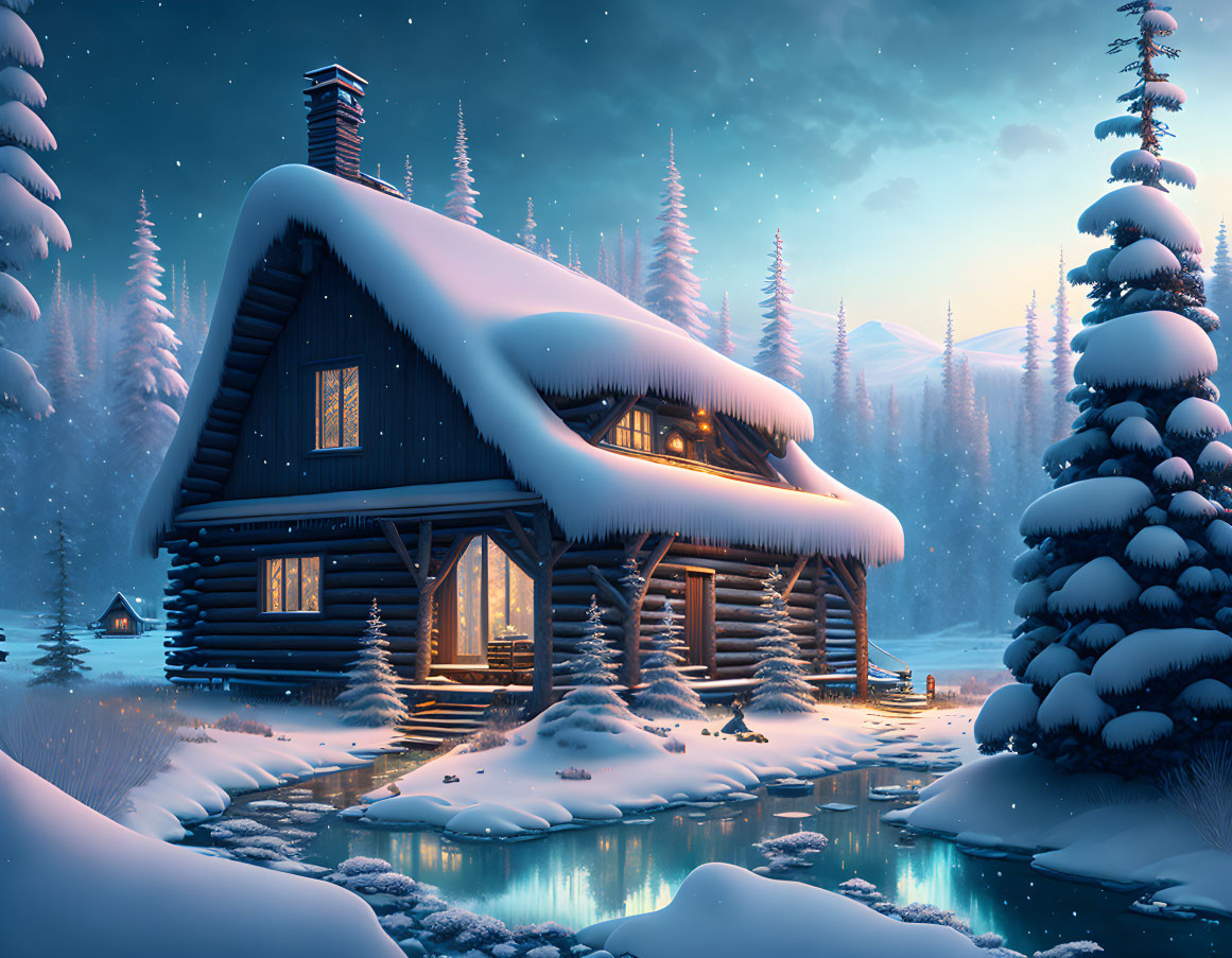 Winter log cabin nestled in snow-covered landscape.