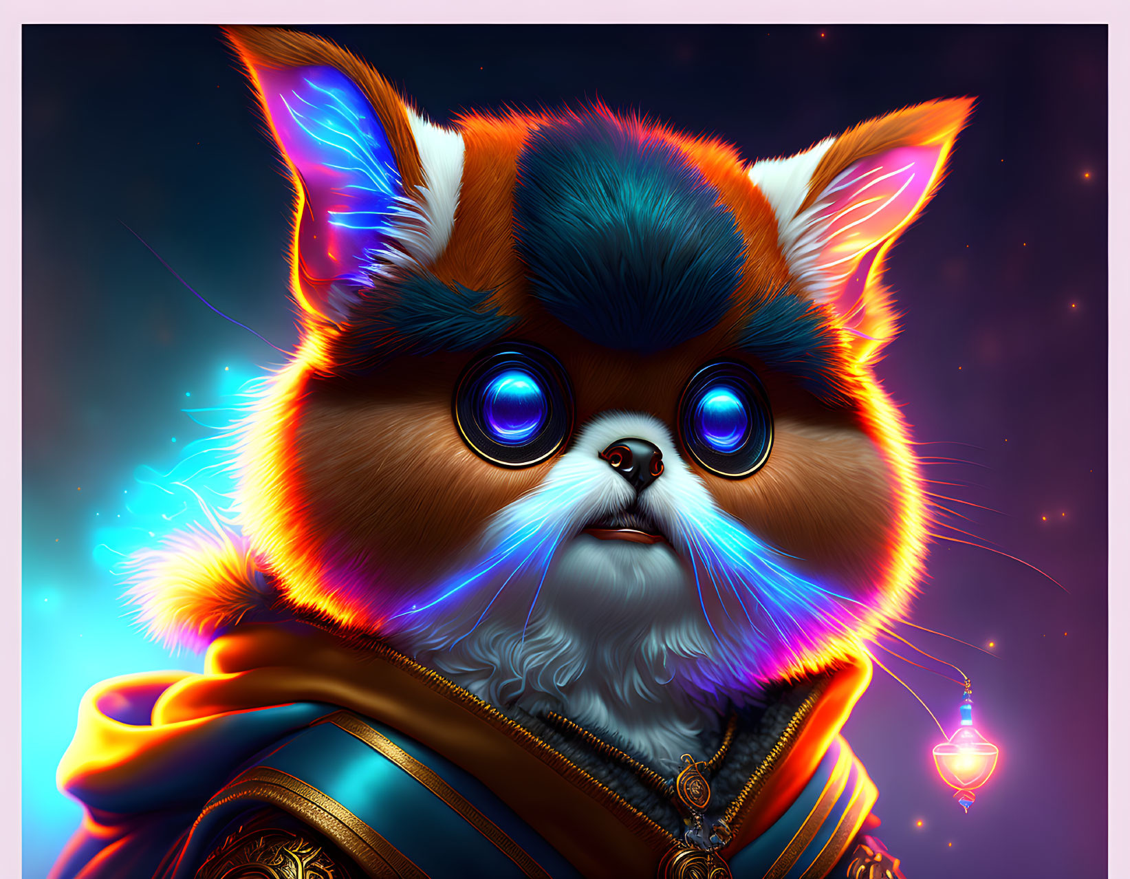 Colorful anthropomorphic fox with glowing blue eyes in regal attire and mystical energy.