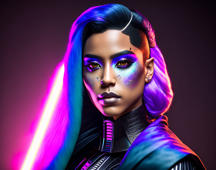 Colorful digital portrait of a person with blue and purple hair and futuristic makeup on gradient background