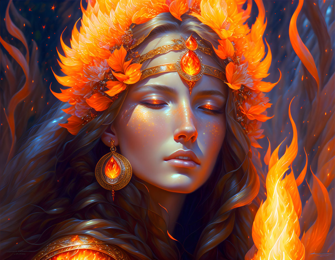 Fantasy portrait: Woman with fiery leaves, golden jewelry, warm skin.