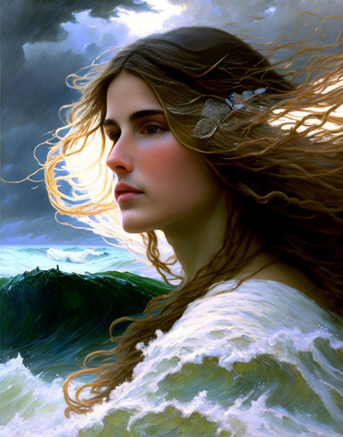 Woman with flowing hair merges into seascape under stormy sky