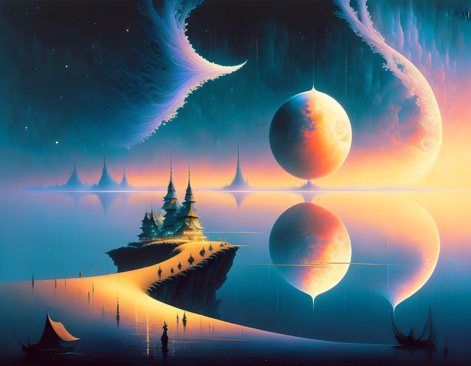 Fantastical landscape with floating islands, temples, boats, glowing sky.